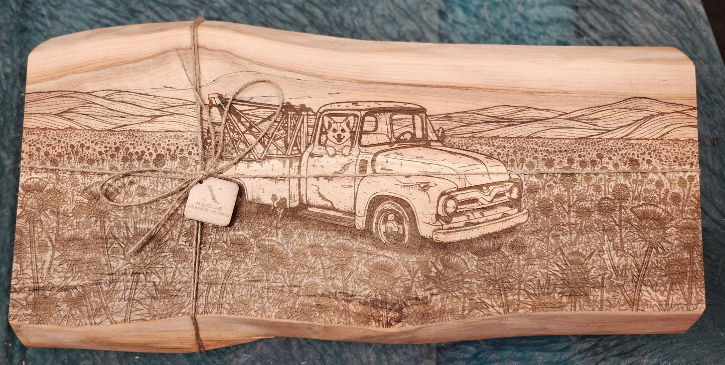 Custom Spalted Maple Live Edge-Tow Truck with Corgi in a Scotch Thistle Field